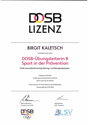DOSB LIZENZ - Übungsleiterin B Sport in der Prävention Profil:  Gesundheitstraining Haltungs-und Bewegungssystem