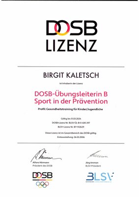 DOSB LIZENZ - Übungsleiterin B Sport in der Prävention  Profil: Gesundheitstraining für Kinder/Jugendliche