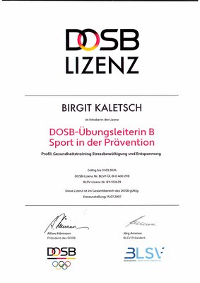 DOSB LIZENZ - Übungsleiterin B Sport in der Prävention  Profil: Gesundheitstraining Stressbewältigung und Entspannung